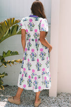 Floral Puff Short Sleeve V Neck High Waist Maxi Dress