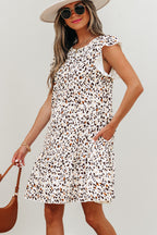 Khaki Leopard Ruffled Flutter Sleeve Keyhole Back Mini Dress