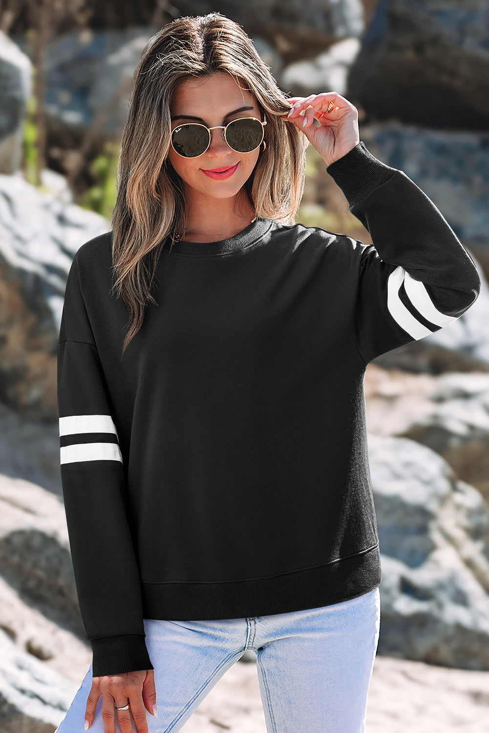 Tillandsia Purple Varsity Striped Detail Drop Shoulder Oversized Sweatshirt