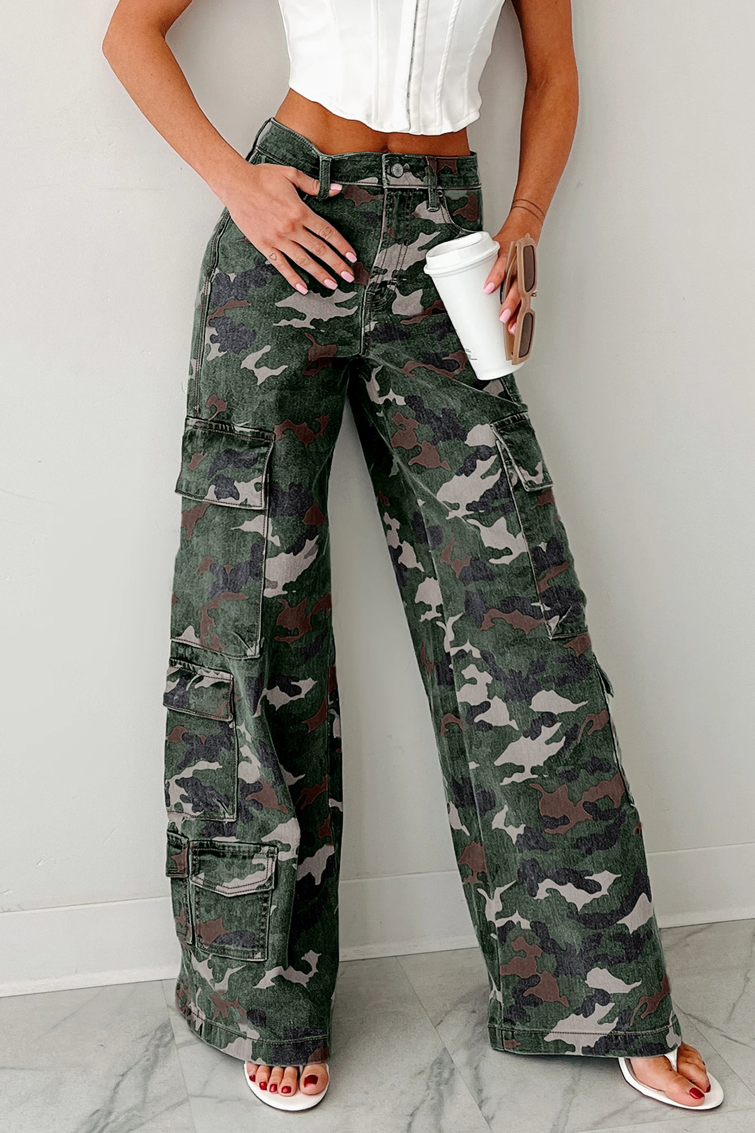 Green Camo Cargo Wide Leg Pants