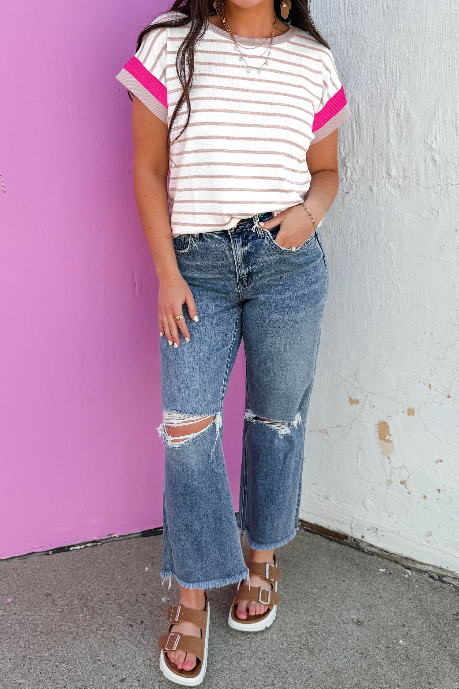 Khaki Stripe Color Block Trim Round Neck Short Sleeve Top