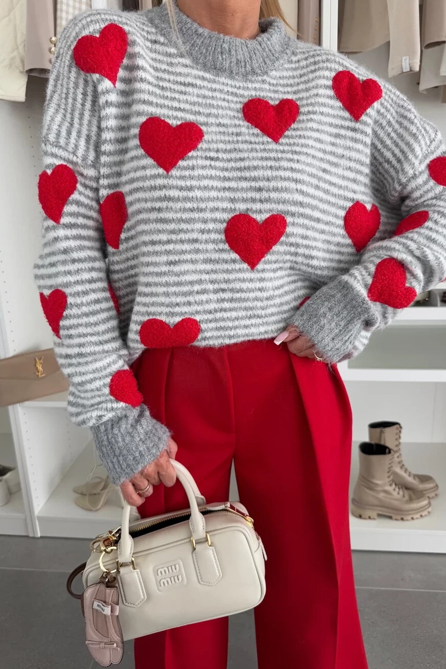 Stripe Contrast Heart Pattern Valentine Knit Sweater
