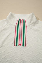 Beige Plus Size Rhombus Texture Contrast Striped Collar Baggy Sweatshirt