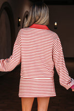 Striped Collared V Neck Drop Shoulder Pullover and Skort 2pcs Outfit