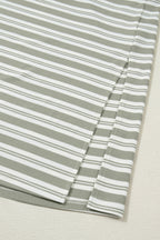 Green Stripe Collared V Neck Short Sleeve T Shirt Midi Dress with Pockets