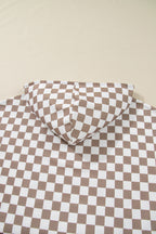 Khaki Double Checkered Patchwork Tie Neck Oversize Hoodie