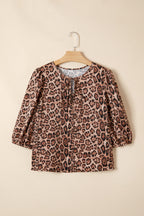 Brown Leopard Bow Tie Puff Sleeve Blouse