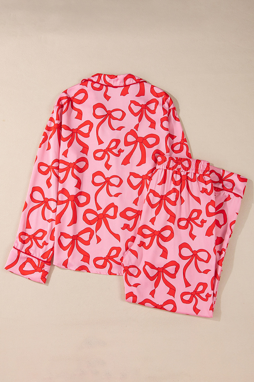 Pink 2pcs Bow Print Shirt Style Long Sleeve Pyjama Set