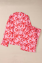 Pink 2pcs Bow Print Shirt Style Long Sleeve Pyjama Set