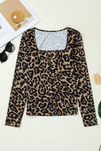 Brown Leopard Print Slim Long Sleeve T Shirt