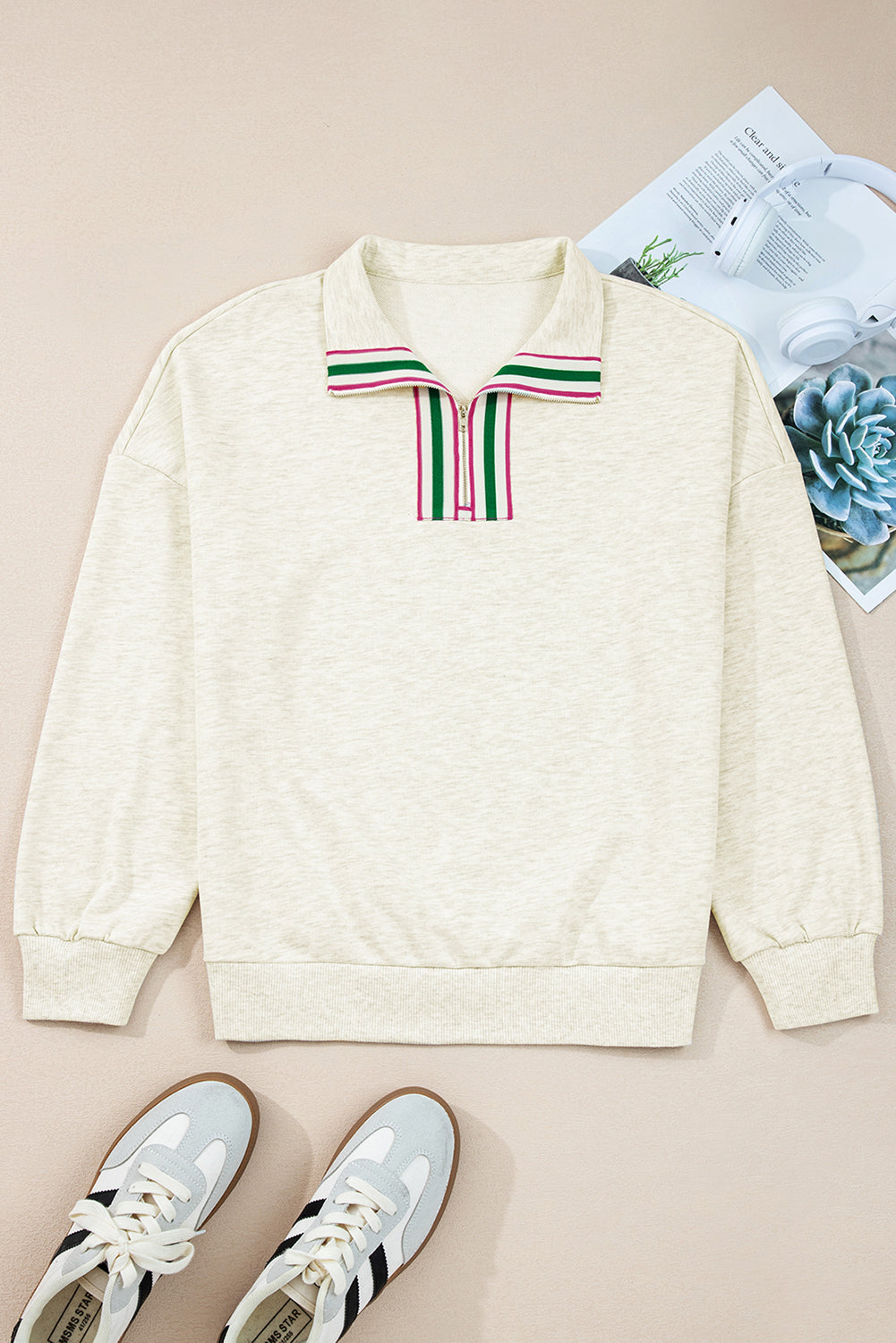 Contrast Striped Patchwork Zip Collar Pullover Sweatshirt