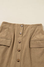 Camel Corduroy Buttoned Front Faux Pockets Mini Skirt