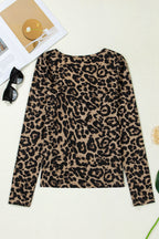 Brown Leopard Print Slim Long Sleeve T Shirt