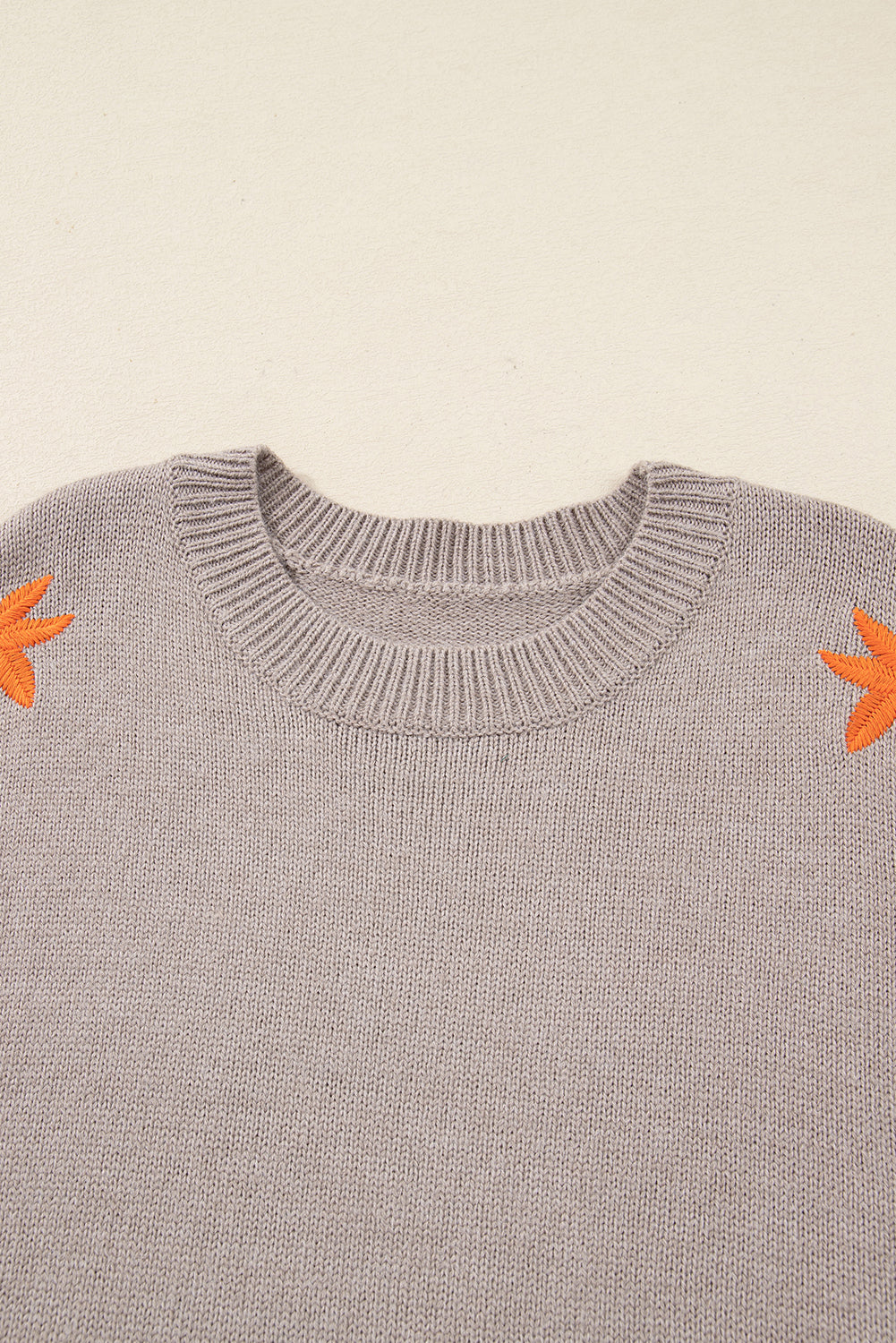 Beige Embroidered Floral Sleeve Round Neck Loose Sweater