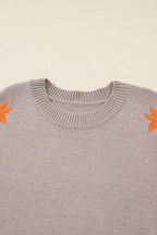 Beige Embroidered Floral Sleeve Round Neck Loose Sweater