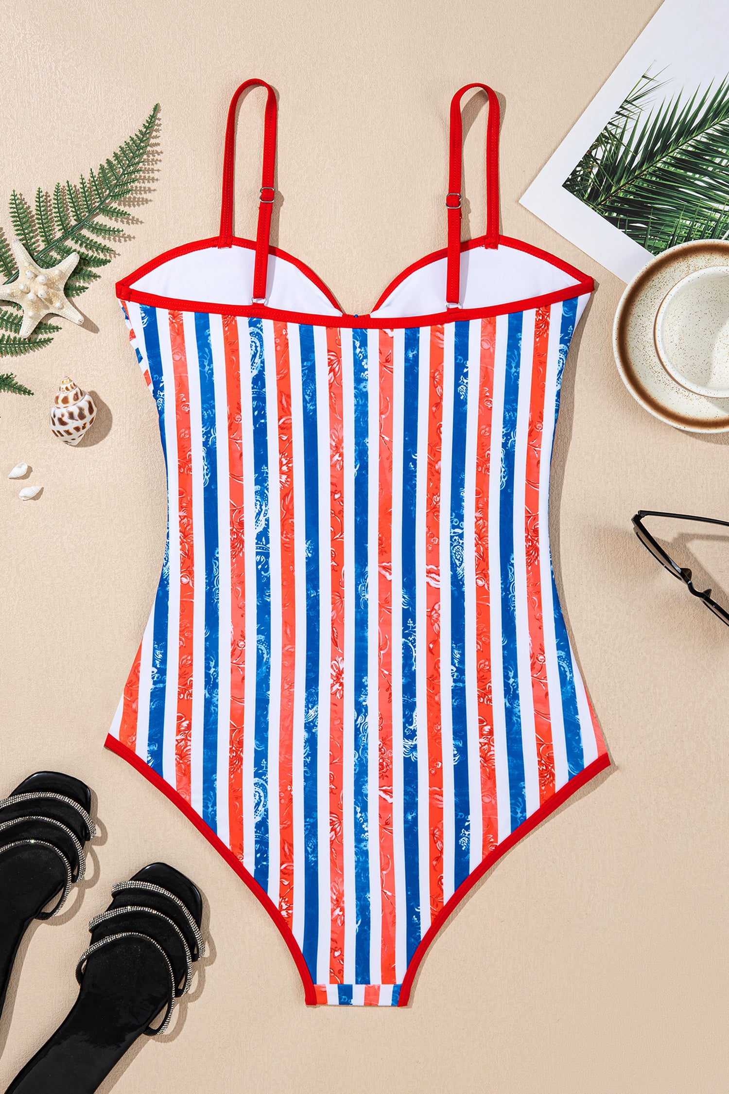 Red July 4th Stripes Star Floral Impression Cutout Spaghetti Straps One Piece Swimsuit