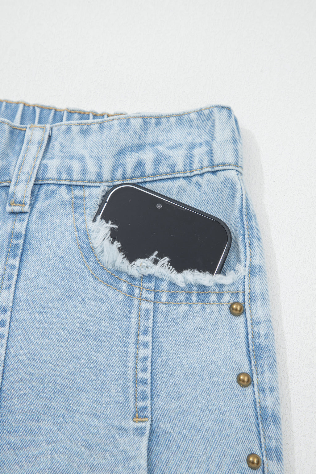 Beau Blue Studded Side Slit Leg Frayed Pocketed Wide Leg Jeans