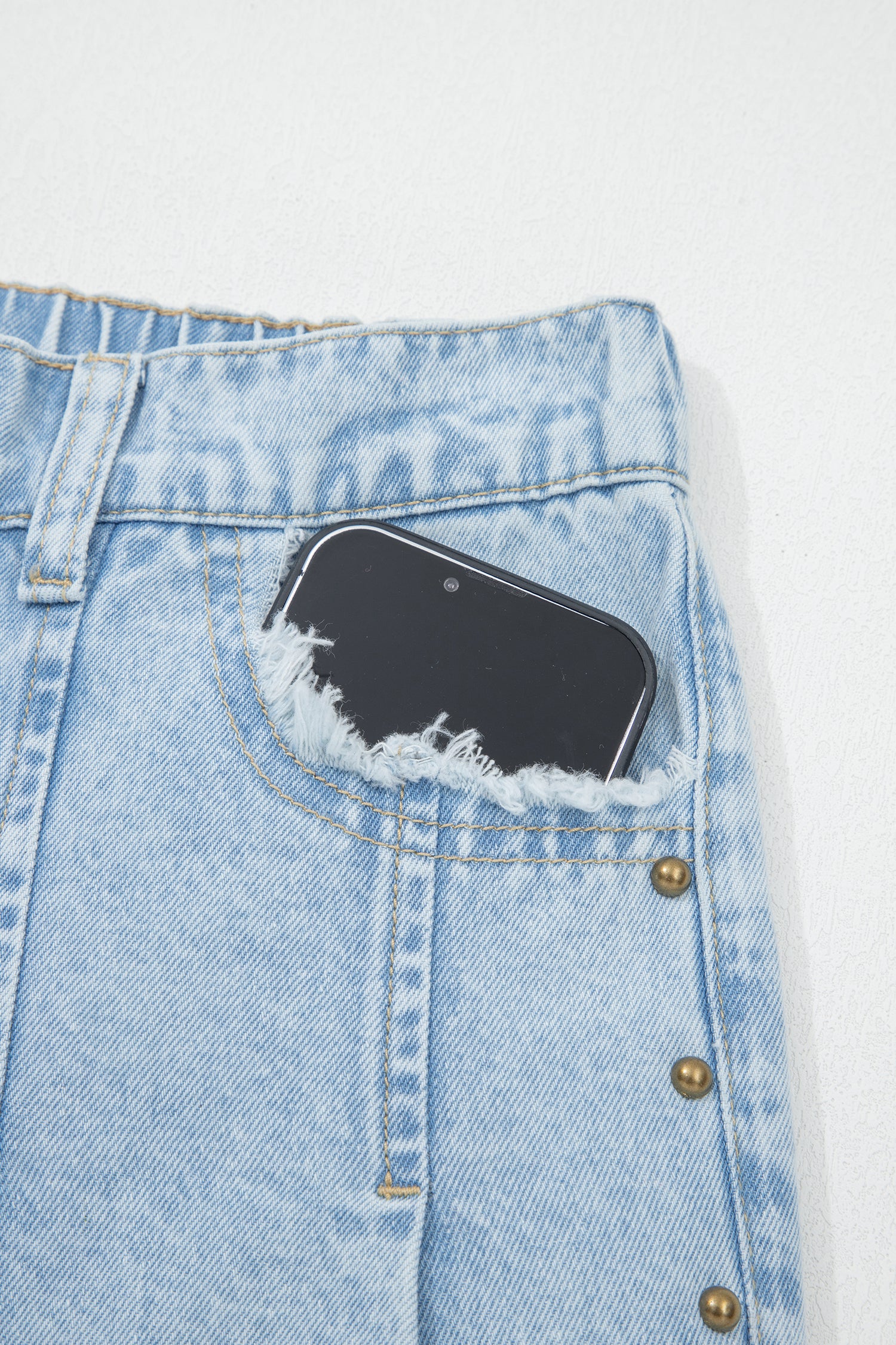 Beau Blue Studded Side Slit Leg Frayed Pocketed Wide Leg Jeans