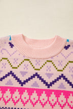 Multicolour Ethnic Christmas Pattern Knit Feather Cuffed Sweater