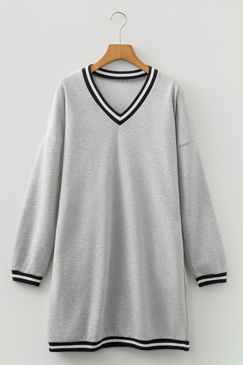 Light Grey Striped Trim V Neck Long Sleeve Preppy T Shirt Dress