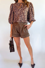 Brown Leopard Bow Tie Puff Sleeve Blouse