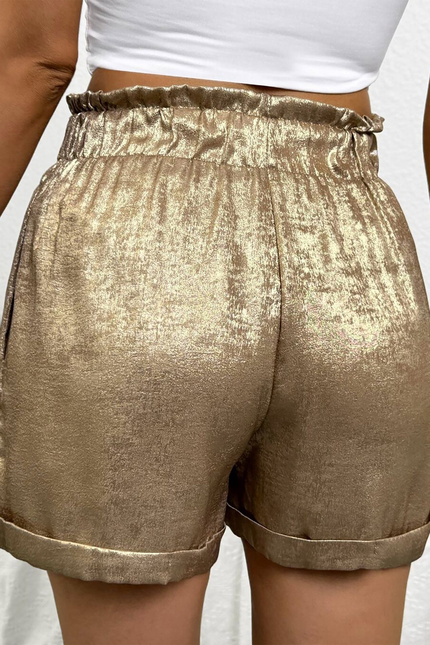 Gold Metallic Luster Tie Elastic Waist Cuffed Hem Shorts