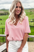 Strawberry Pink Lacy V Neckline Short Sleeve Sweater