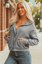 Waffle Splicing Zip Up Front Button Hooded Jacket