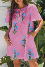 Floral Short Sleeve Split Neck Loose Mini Dress