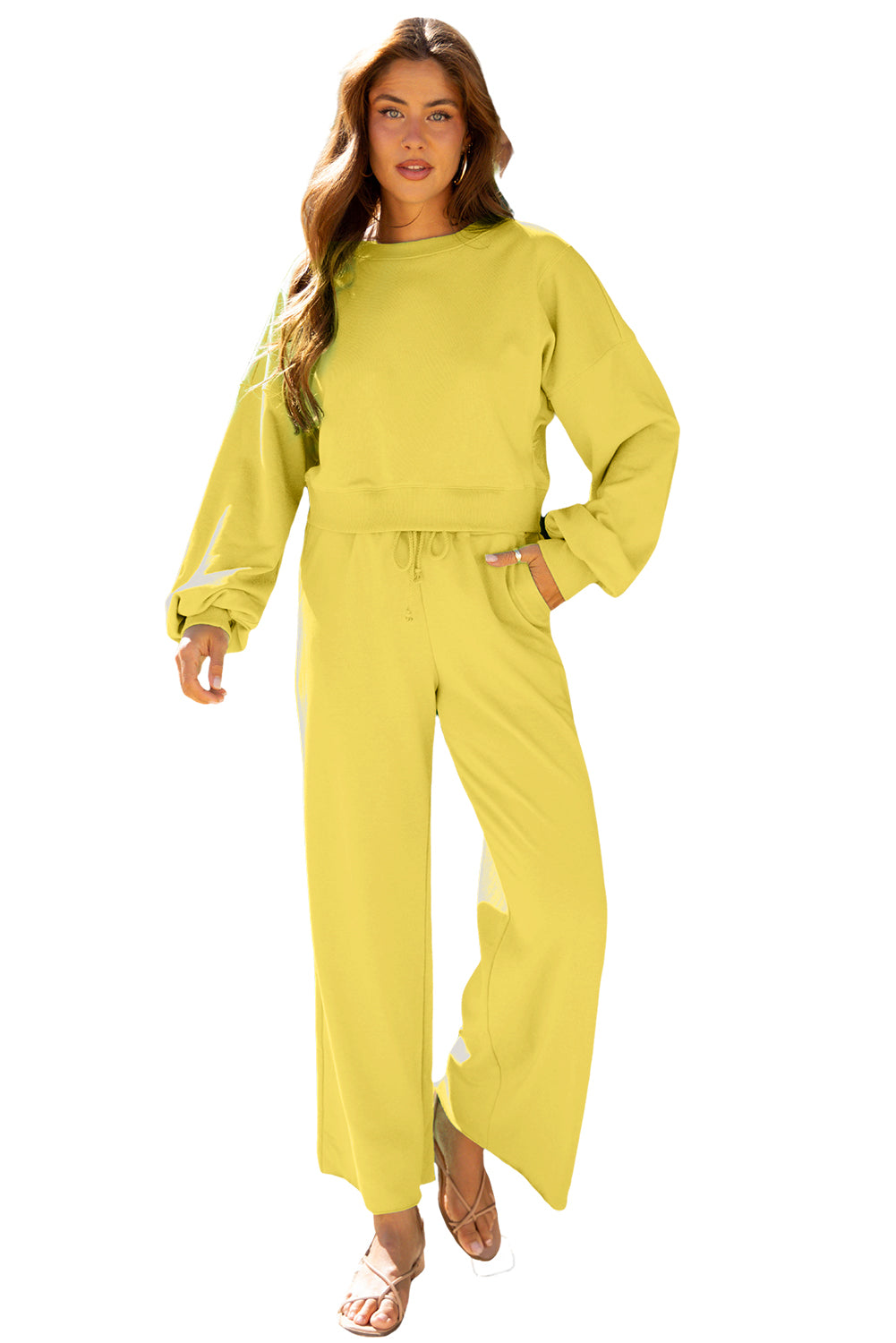 Light Pink Drop Shoulder Puff Sleeve Crop Pullover Drawstring Wide Leg Pants Set