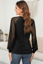 Lace Patchwork Long Raglan Sleeve Pleated Top