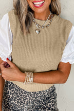 Light French Beige Round Neck Knit Contrast Short Sleeve Patchwork Sweater Top