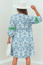 Sky Blue Boho Paisley Print Contrasted Patchwork Detail Bracelet Sleeve Loose Mini Dress