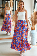 Blue Bohemian Floral Print Tiered Maxi Skirt with Split