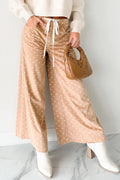 Khaki Polka Dot Print Drawstring Wide Leg Pants