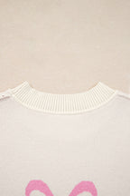 Pink Bow Print Ribbed Trim Exposed Seam Drop Shoulder Loose Sweater