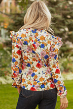 Apricot Ruffled Shoulder Long Sleeve Floral Blouse