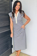 Blue Stripe Ruffled Short Sleeve Contrast Trim Button Notched Neck Midi Dress