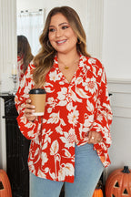 Red Plus Size Floral Print Loose Button Up Shirt