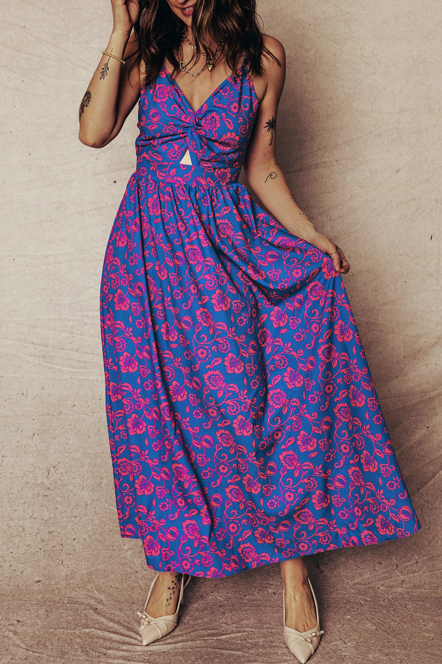 Blue Floral Print Twisted V Neck Tied Backless Maxi Dress