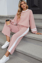 Black Varsity Stripe Patchwork Puff Sleeve Pullover Drawstring Wide Leg Pant Set
