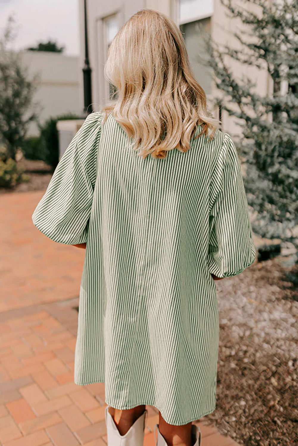 Color Block Patchwork Shirt Collar Button Down Puff Sleeve Mini Dress