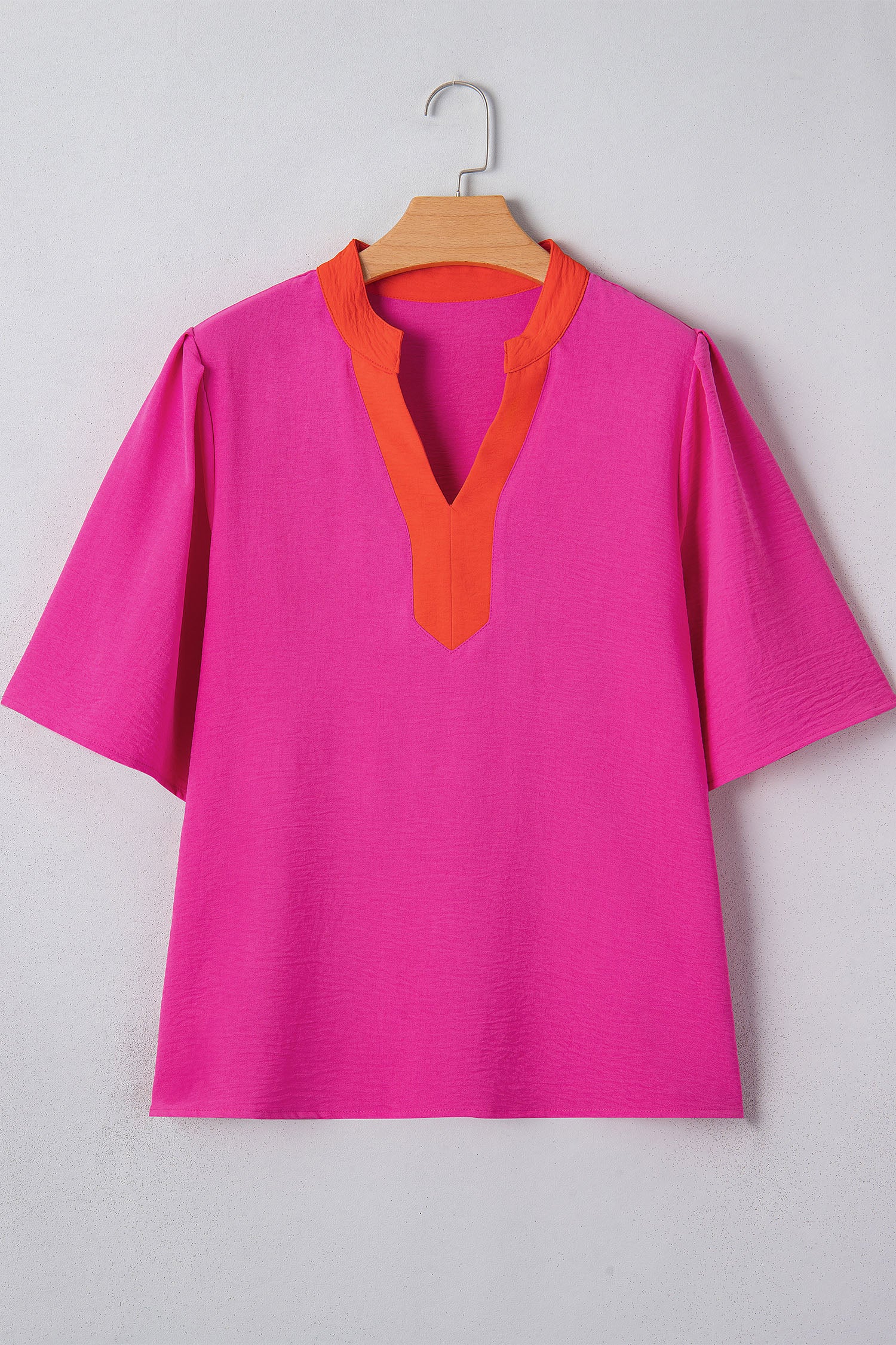 Rose Red Contrast V Neck Colorblock Wide Short Sleeve Top
