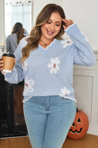 Gray Fuzzy Flower Scalloped V Neck Plus Size Sweater