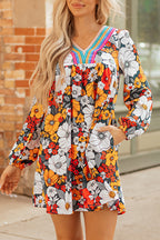 Orange Floral Print Striped Lace V Neck Long Sleeve Mini Dress