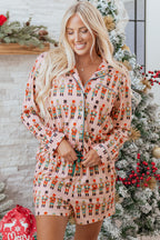 Pink Nutcracker March Long Sleeve Button Up 2pcs Pajama Short Set