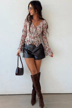 Red Floral Print Stitched Detail Tie V Neck Long Bell Sleeve Blouse