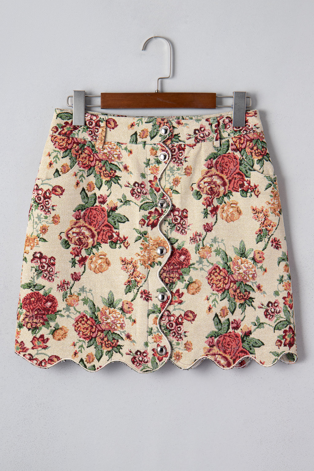 Apricot Buttoned Front Scalloped Trim Mini Jacquard Floral Skirt