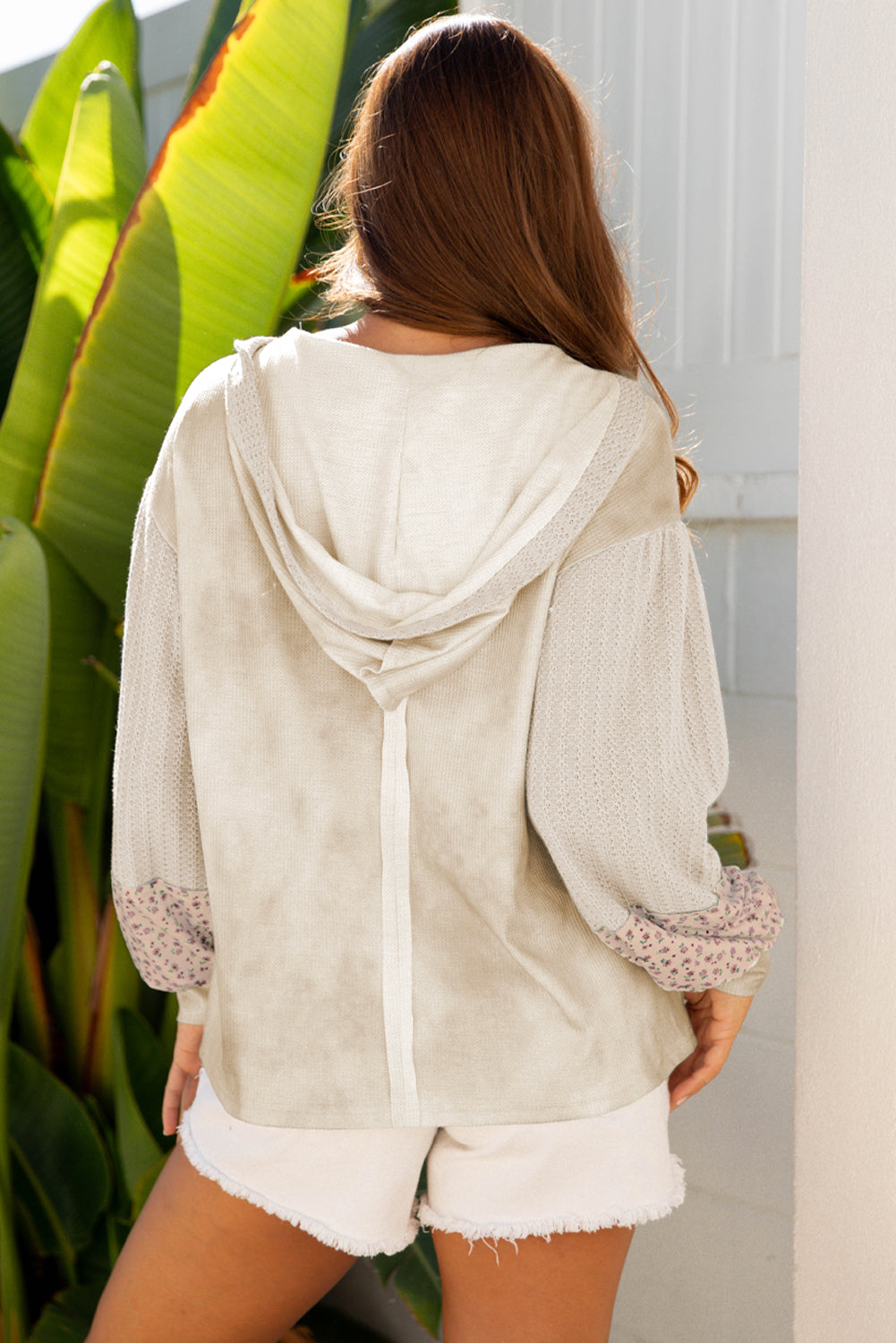 Floral Patched Waffle Textured Colorblock V Neck Casual Hooded Top