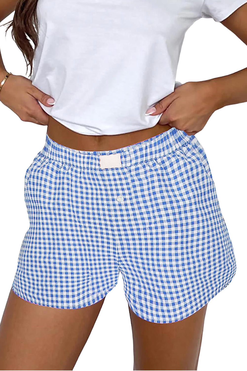 Blue Gingham Printed High Waist Shorts